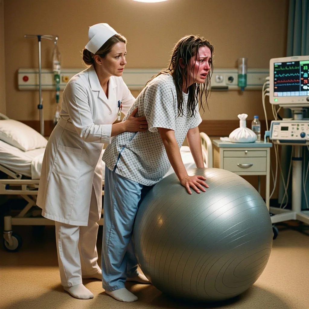 A midwife supporting a woman through contractions as she leans on a birth ball